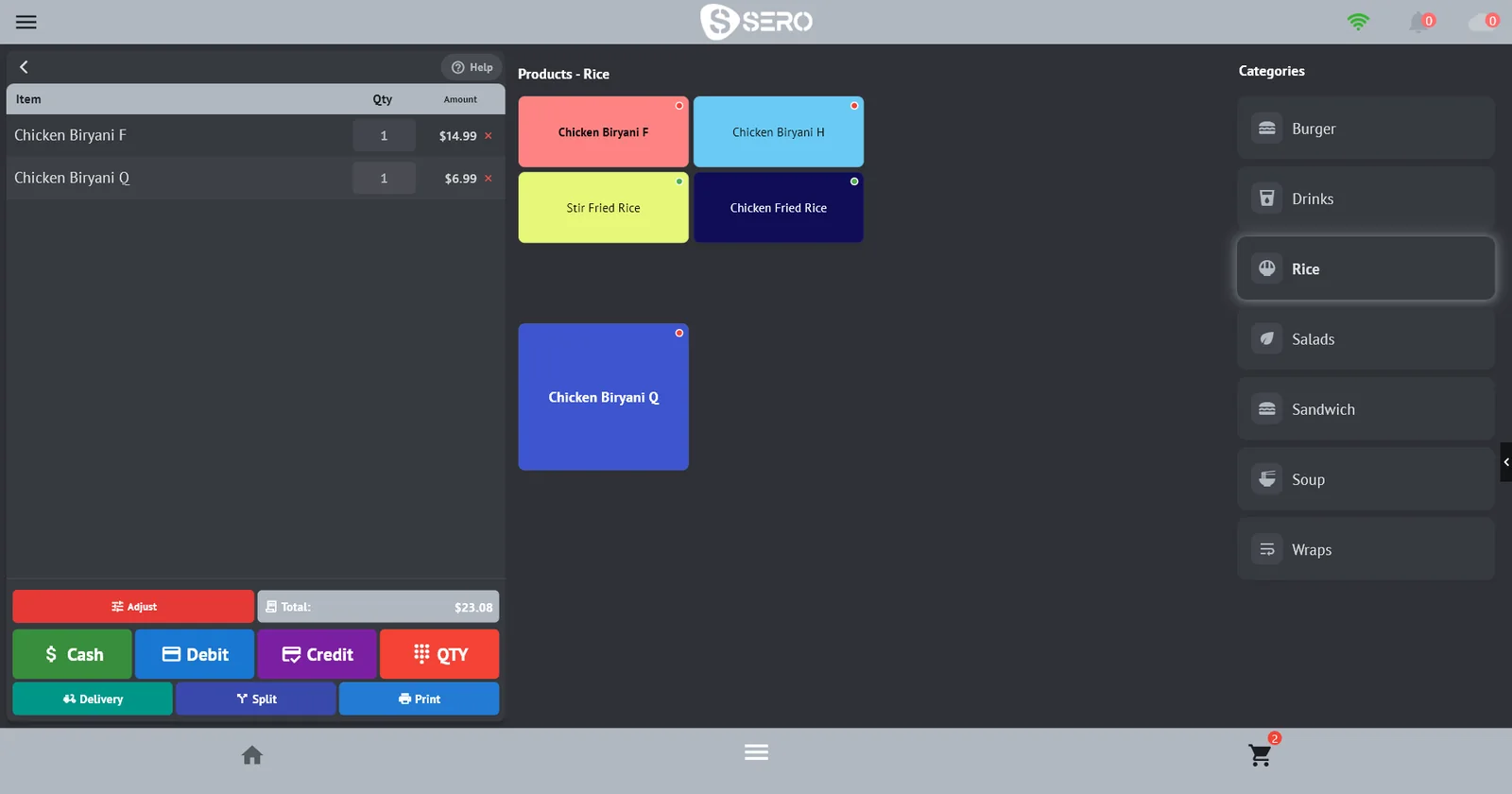 SeroPOS in QSR Mode with a dark theme: rice buttons in red, light blue, yellow and navy beside a blue double-height button, and the cart totalling $23.08