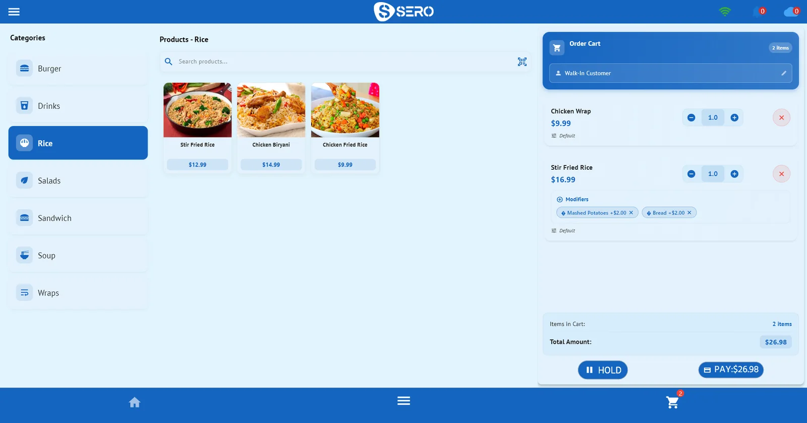 SeroPOS sale screen in restaurant mode with category buttons, product photos, and an order cart with modifier chips, HOLD and PAY