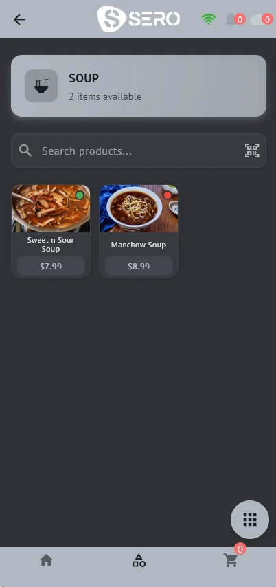 SeroPOS on a phone with the dark theme: the soup menu with photos and prices, or a cart with a Manchow Soup and its modifiers, a Veg Burger, HOLD and PAY $20.98